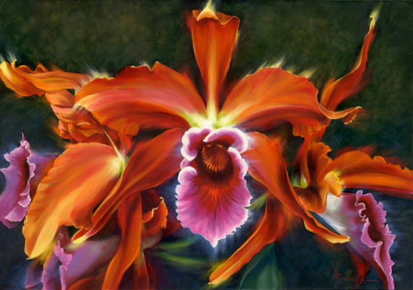 живопись большие цветы, картина оранжевые цветы, холст масло орхидеи оранжево красные