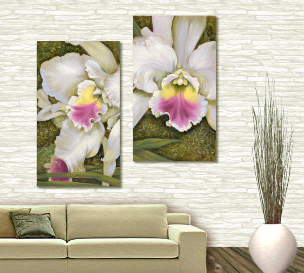 бело розовые цветы, бело розовые орхидеи, модульная картина, диптих, большие уветы, картина цветы, живопись цветы