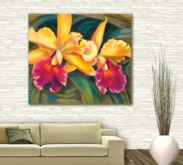 желтые орхидеи, большие цветы, картина на холсте, живопись орхидеи, картина в гостиную, декор для стен